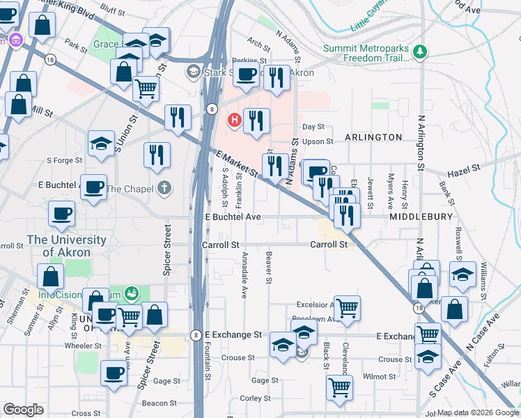 map of restaurants, bars, coffee shops, grocery stores, and more near 40 Spruce Street in Akron