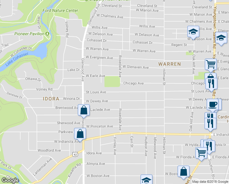 map of restaurants, bars, coffee shops, grocery stores, and more near 522 Saint Louis Avenue in Youngstown