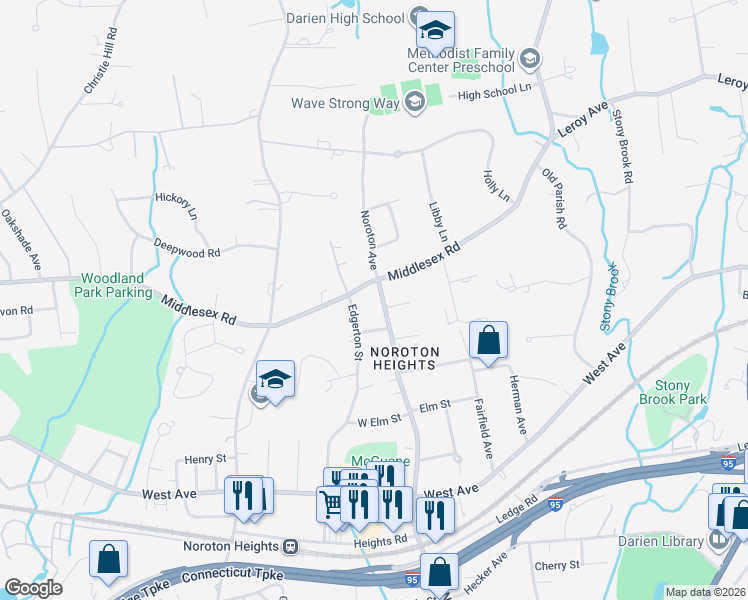 map of restaurants, bars, coffee shops, grocery stores, and more near 210 Middlesex Road in Darien