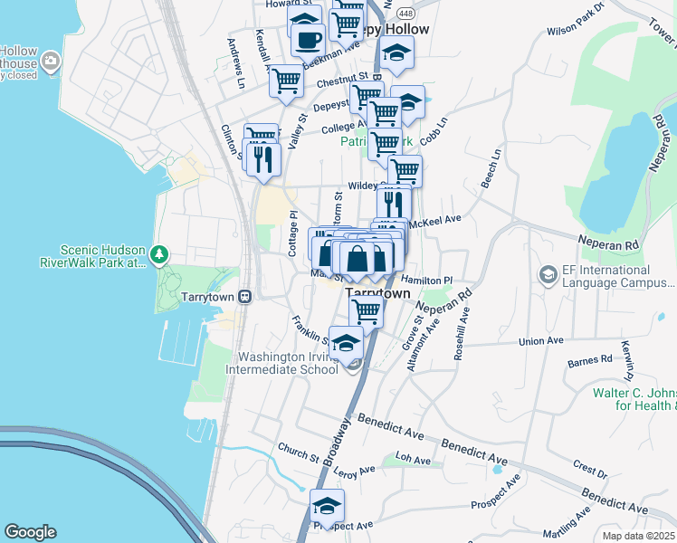 map of restaurants, bars, coffee shops, grocery stores, and more near 15 North Washington Street in Tarrytown