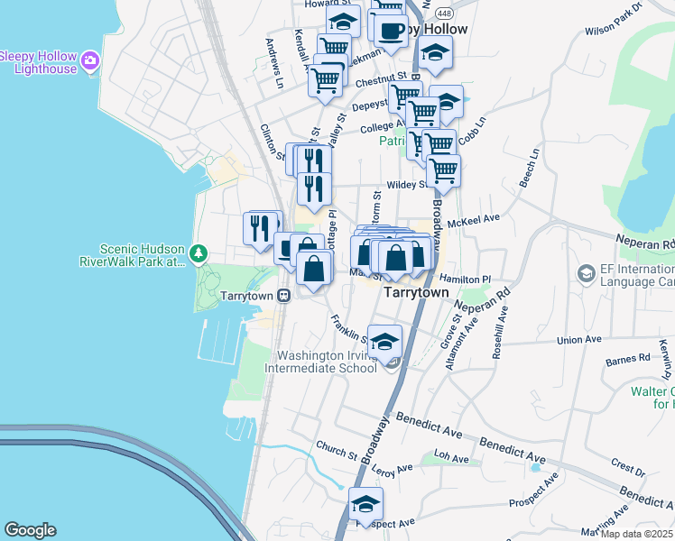 map of restaurants, bars, coffee shops, grocery stores, and more near 126 Main Street in Tarrytown