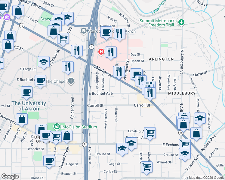 map of restaurants, bars, coffee shops, grocery stores, and more near 40 Spruce Street in Akron