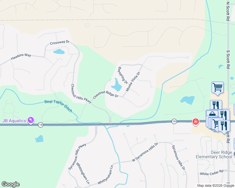 map of restaurants, bars, coffee shops, grocery stores, and more near 11410 Chestnut Ridge Drive in Fort Wayne