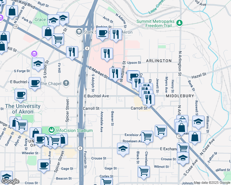 map of restaurants, bars, coffee shops, grocery stores, and more near 34 South Adams Street in Akron