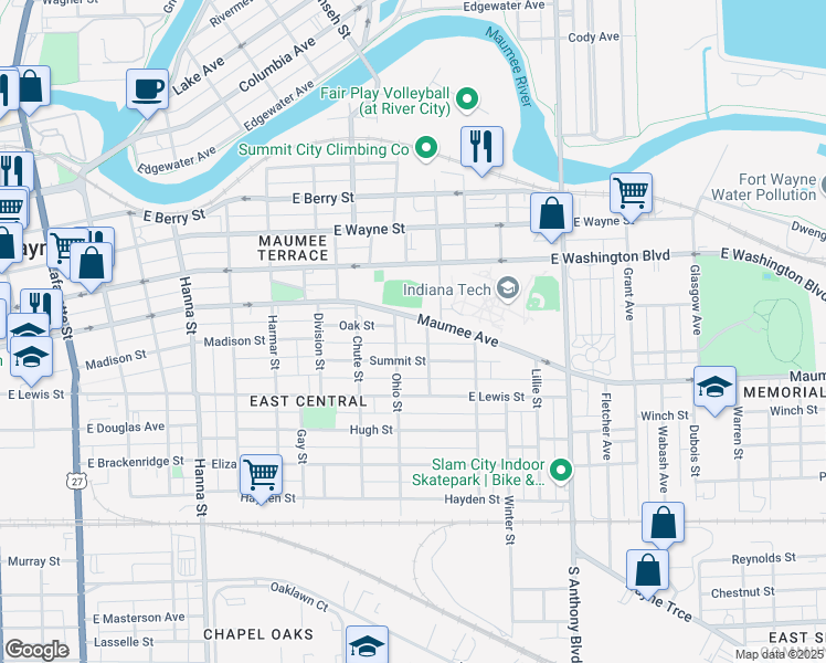 map of restaurants, bars, coffee shops, grocery stores, and more near 1308 Maumee Avenue in Fort Wayne