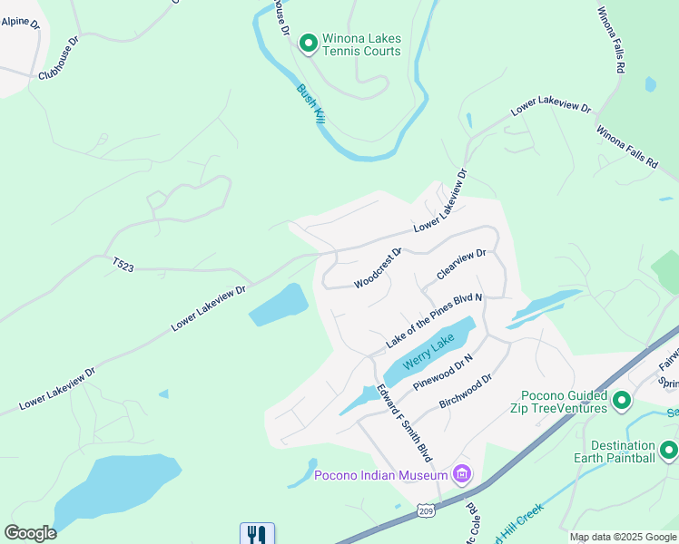 map of restaurants, bars, coffee shops, grocery stores, and more near 6102 Woodhaven Terrace in East Stroudsburg