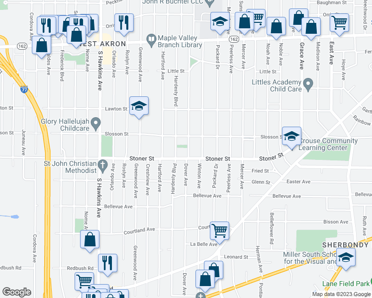 map of restaurants, bars, coffee shops, grocery stores, and more near 1046 Dover Avenue in Akron