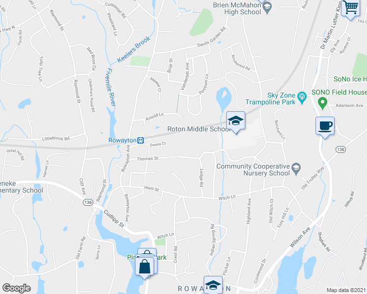 map of restaurants, bars, coffee shops, grocery stores, and more near 74 Crooked Trail Road in Norwalk