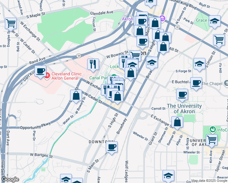 map of restaurants, bars, coffee shops, grocery stores, and more near 300 South Main Street in Akron