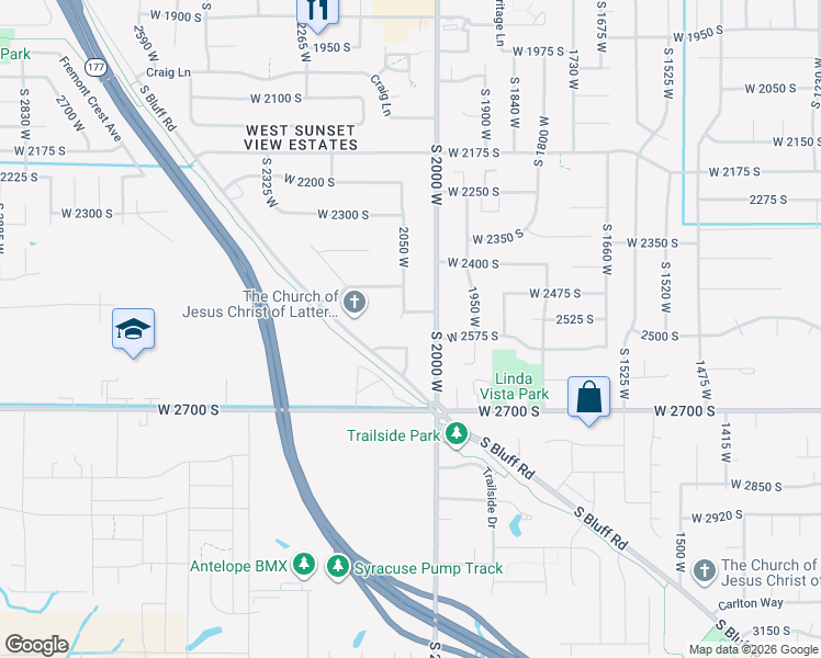 map of restaurants, bars, coffee shops, grocery stores, and more near 2518 South 2000 West in Syracuse