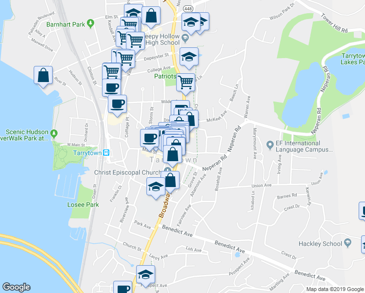 map of restaurants, bars, coffee shops, grocery stores, and more near 22 South Broadway in Tarrytown