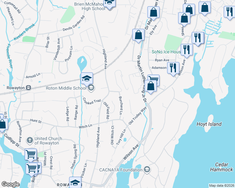 map of restaurants, bars, coffee shops, grocery stores, and more near 3 Memory Lane in Norwalk