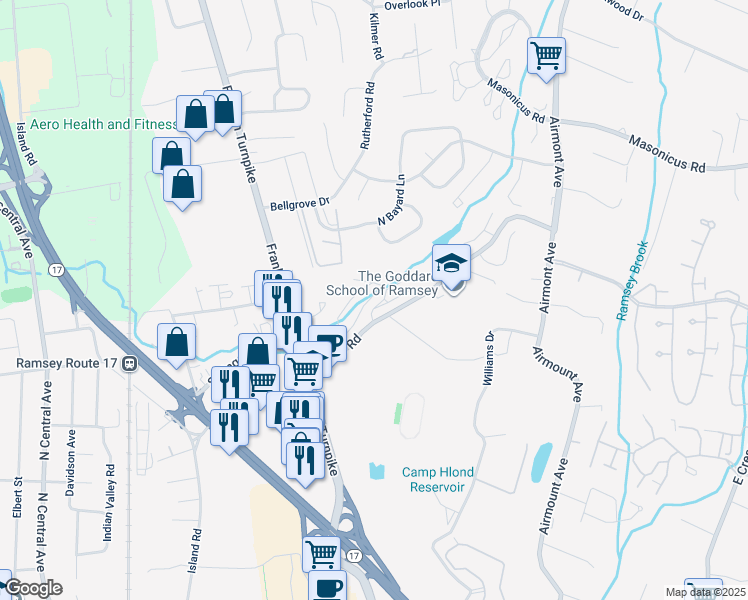 map of restaurants, bars, coffee shops, grocery stores, and more near 120 Magnolia Road in Ramsey