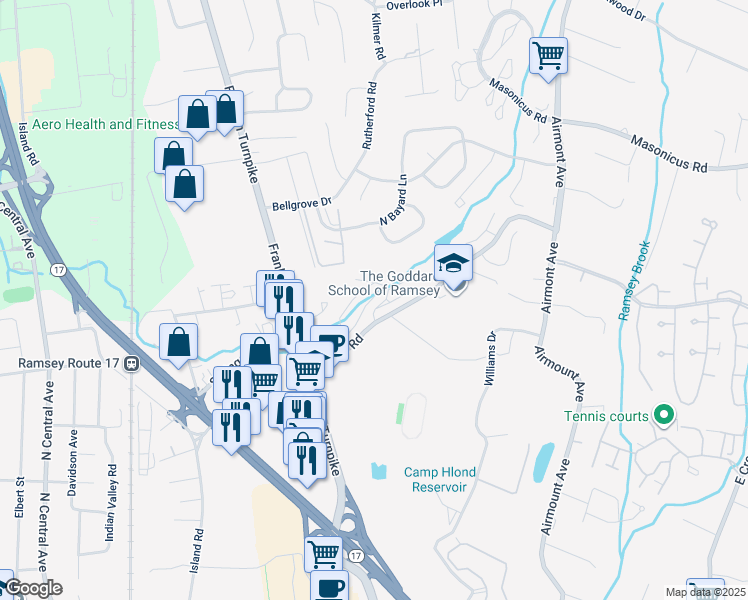 map of restaurants, bars, coffee shops, grocery stores, and more near 120 Magnolia Road in Ramsey