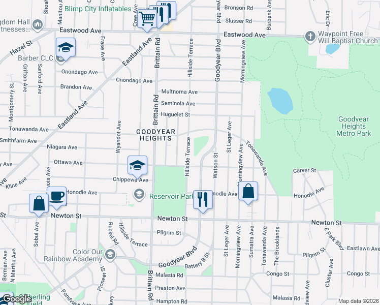 map of restaurants, bars, coffee shops, grocery stores, and more near 551 Melrose Street in Akron