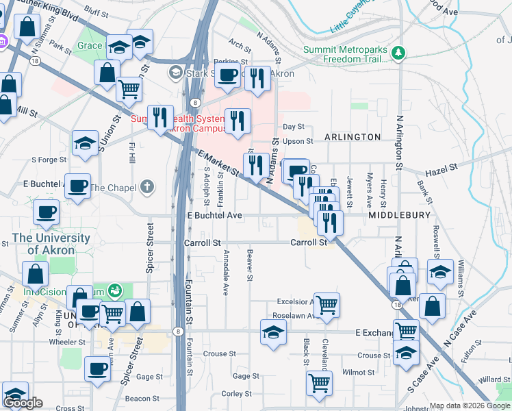 map of restaurants, bars, coffee shops, grocery stores, and more near 578 East Market Street in Akron