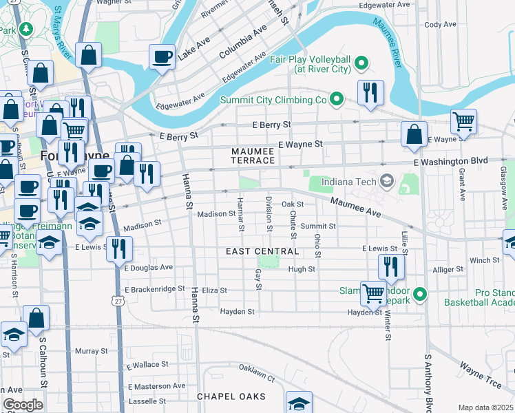 map of restaurants, bars, coffee shops, grocery stores, and more near 922 East Jefferson Boulevard in Fort Wayne