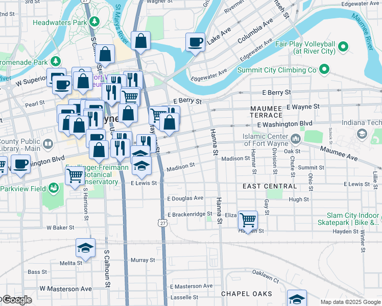map of restaurants, bars, coffee shops, grocery stores, and more near 524 East Jefferson Boulevard in Fort Wayne