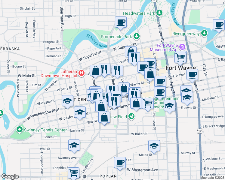 map of restaurants, bars, coffee shops, grocery stores, and more near 434 West Wayne Street in Fort Wayne