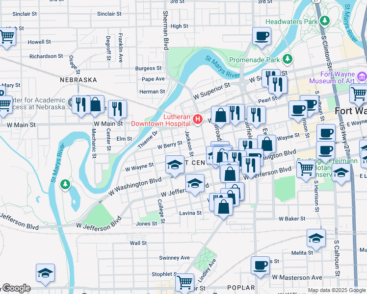 map of restaurants, bars, coffee shops, grocery stores, and more near 924 West Berry Street in Fort Wayne