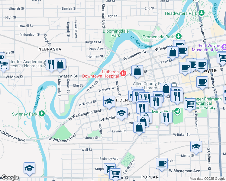 map of restaurants, bars, coffee shops, grocery stores, and more near 924 West Berry Street in Fort Wayne
