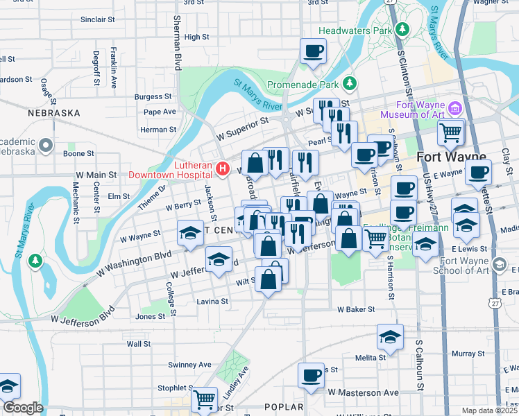 map of restaurants, bars, coffee shops, grocery stores, and more near 818 Fulton Street in Fort Wayne