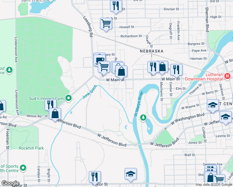 map of restaurants, bars, coffee shops, grocery stores, and more near 425 Perry Avenue in Fort Wayne
