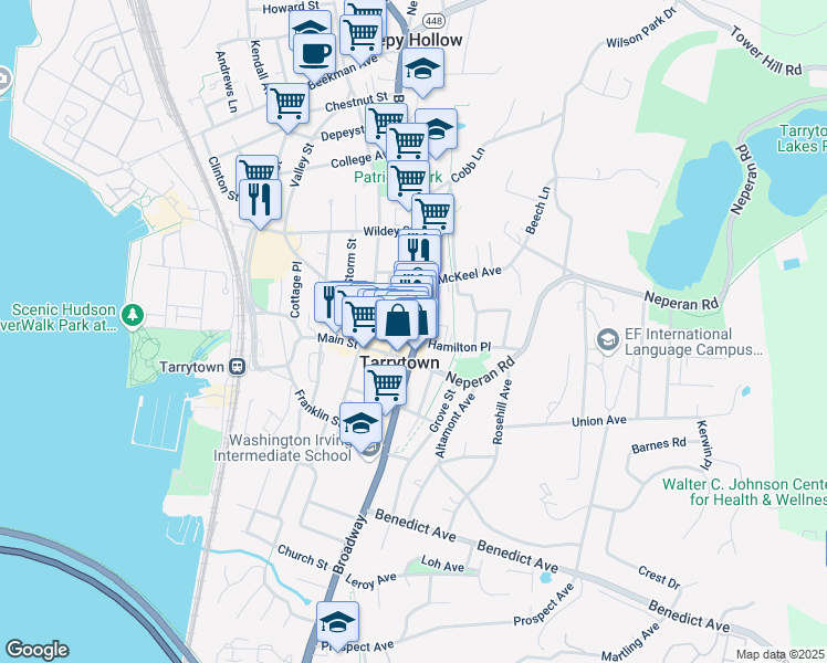 map of restaurants, bars, coffee shops, grocery stores, and more near 2 Julia Street in Tarrytown