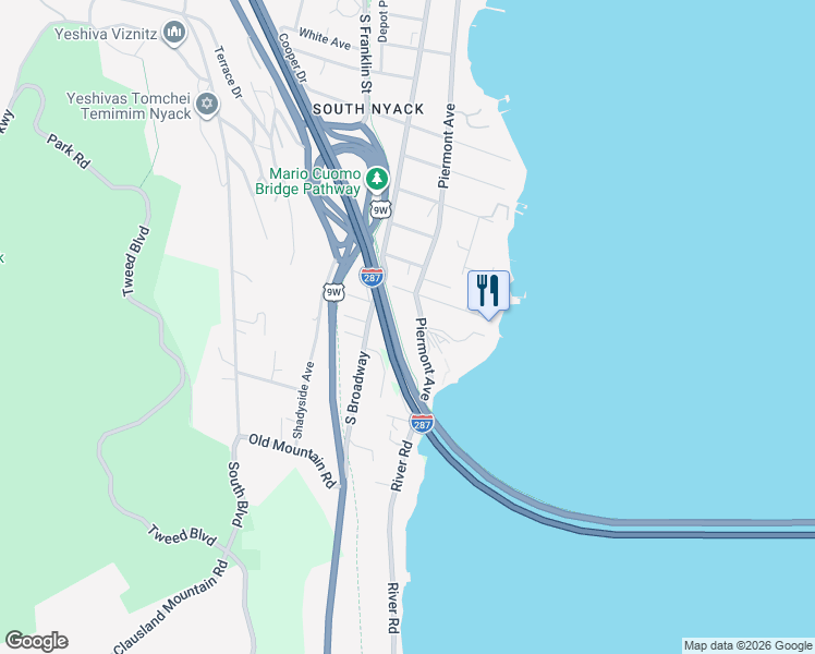 map of restaurants, bars, coffee shops, grocery stores, and more near 290 Piermont Avenue in Nyack