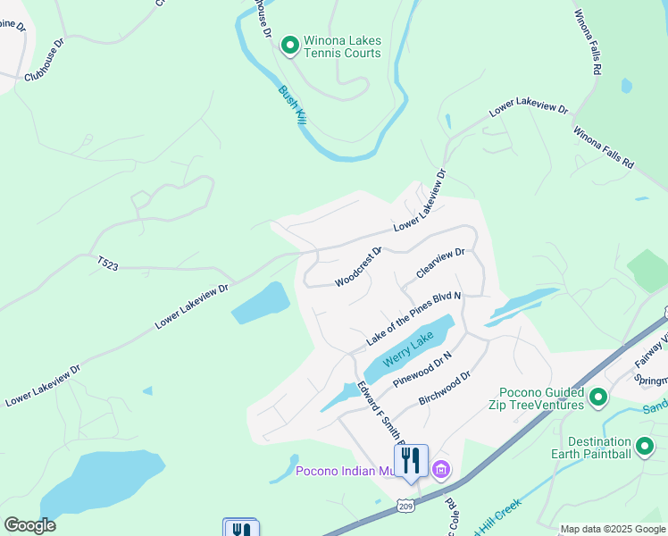 map of restaurants, bars, coffee shops, grocery stores, and more near Woodhaven Terrace in East Stroudsburg