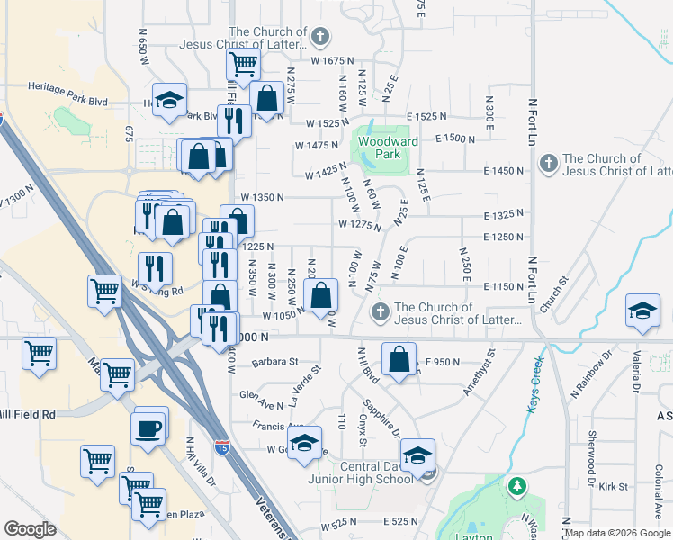 map of restaurants, bars, coffee shops, grocery stores, and more near 1148 North 150 West in Layton