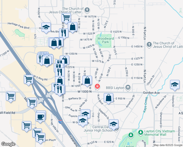map of restaurants, bars, coffee shops, grocery stores, and more near 1148 North 150 West in Layton
