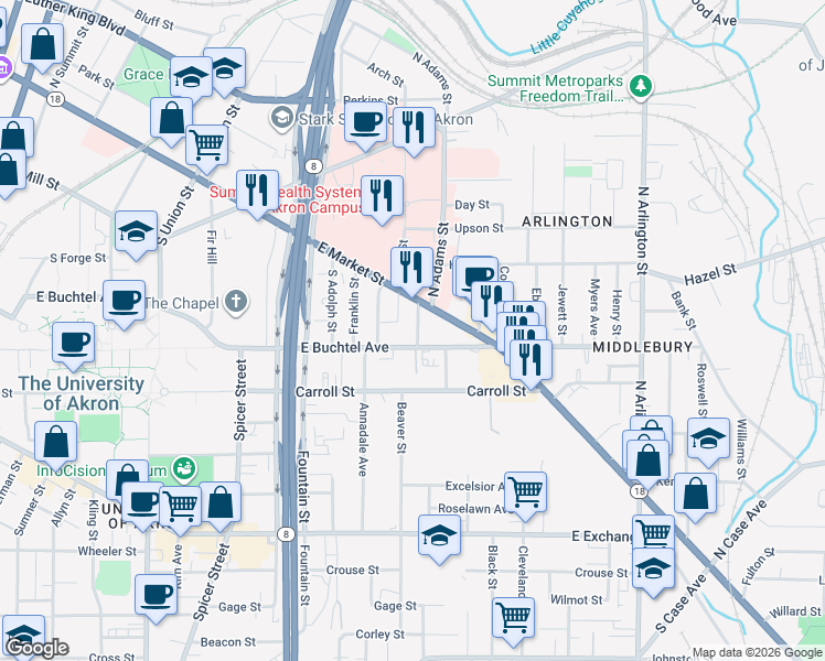map of restaurants, bars, coffee shops, grocery stores, and more near 578 East Market Street in Akron