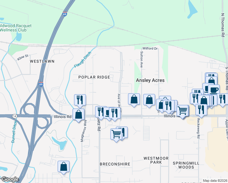 map of restaurants, bars, coffee shops, grocery stores, and more near 818 Avenue of Autos in Fort Wayne