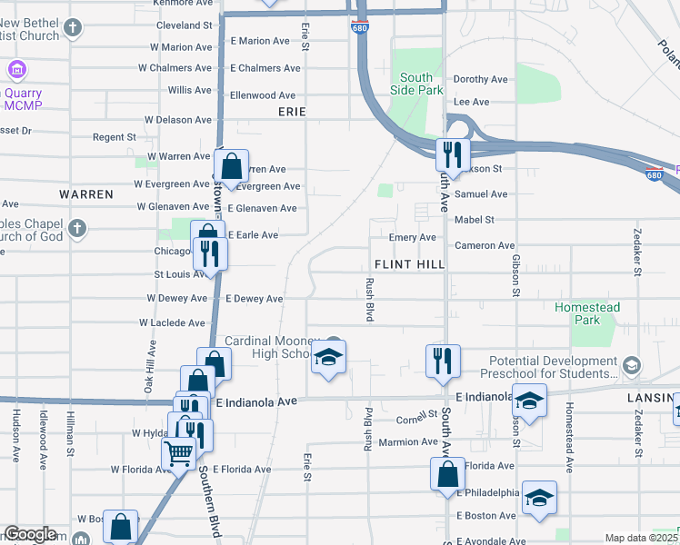 map of restaurants, bars, coffee shops, grocery stores, and more near 243 Pasadena Avenue in Youngstown