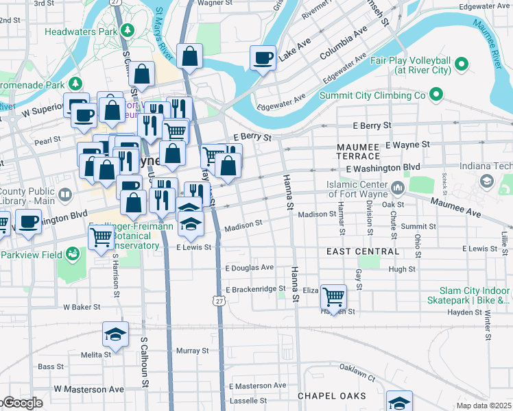 map of restaurants, bars, coffee shops, grocery stores, and more near 522 East Jefferson Boulevard in Fort Wayne