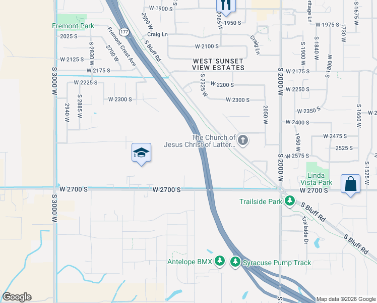 map of restaurants, bars, coffee shops, grocery stores, and more near 2523 South 2430 West in Syracuse