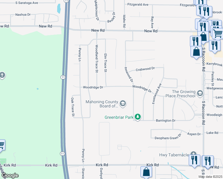 map of restaurants, bars, coffee shops, grocery stores, and more near 4841 Woodridge Drive in Youngstown