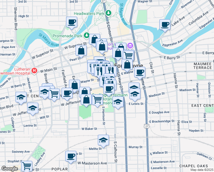 map of restaurants, bars, coffee shops, grocery stores, and more near 112 West Washington Boulevard in Fort Wayne