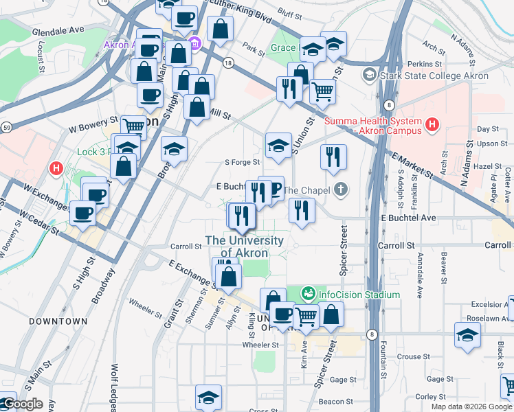 map of restaurants, bars, coffee shops, grocery stores, and more near 302 East Buchtel Avenue in Akron