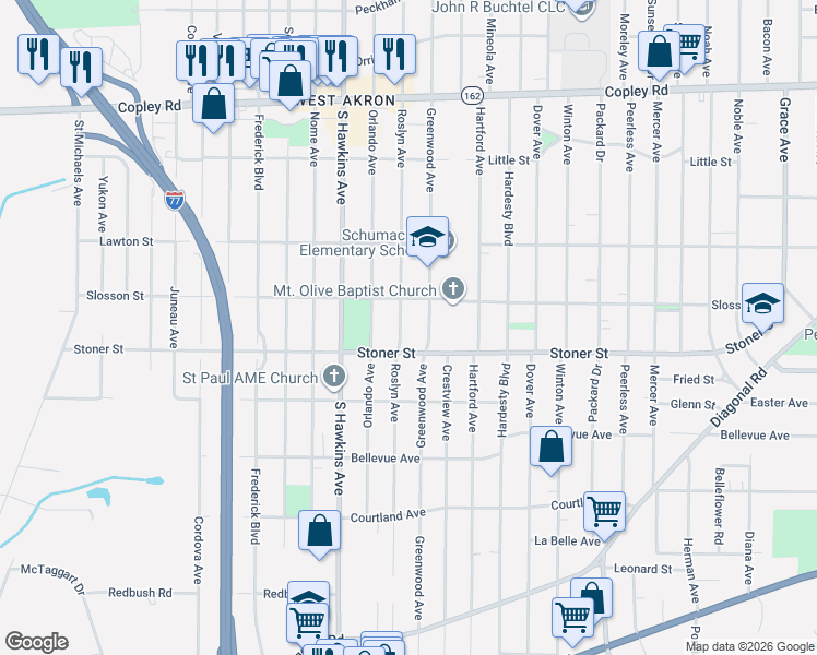 map of restaurants, bars, coffee shops, grocery stores, and more near 1129 Roslyn Avenue in Akron