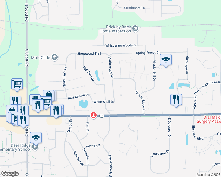 map of restaurants, bars, coffee shops, grocery stores, and more near 734 Yellow Lake Drive in Fort Wayne