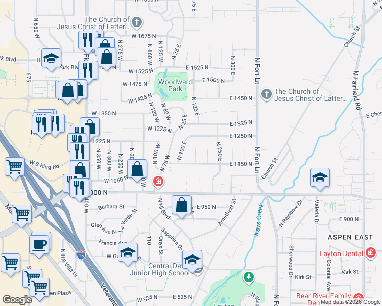 map of restaurants, bars, coffee shops, grocery stores, and more near 1625 North 150 East in Layton