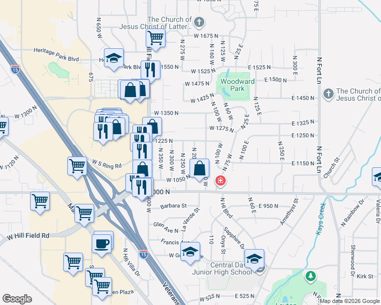 map of restaurants, bars, coffee shops, grocery stores, and more near 1202 North 250 West in Layton