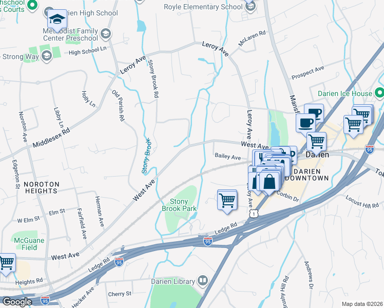map of restaurants, bars, coffee shops, grocery stores, and more near 95 West Avenue in Darien