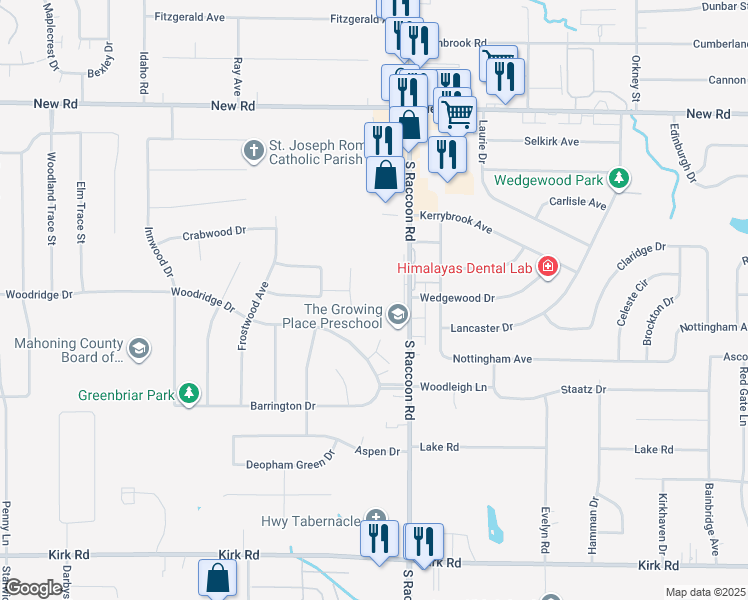 map of restaurants, bars, coffee shops, grocery stores, and more near 2230 South Raccoon Road in Youngstown