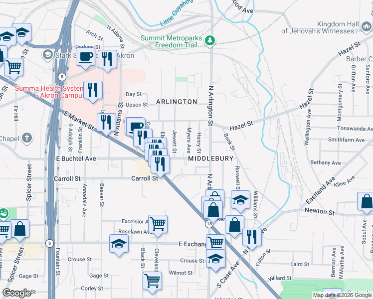 map of restaurants, bars, coffee shops, grocery stores, and more near 121 Myers Avenue in Akron
