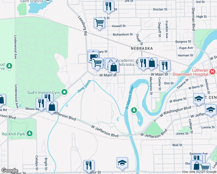map of restaurants, bars, coffee shops, grocery stores, and more near 442 Perry Avenue in Fort Wayne