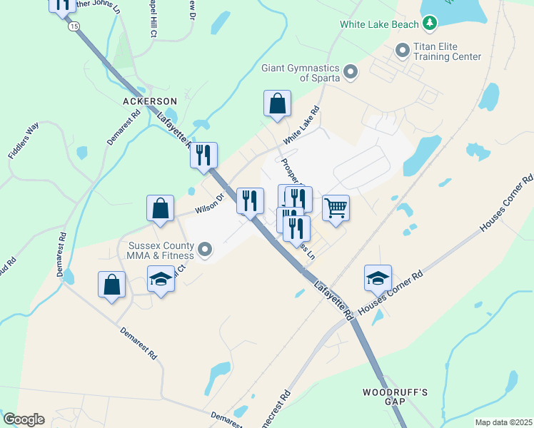 map of restaurants, bars, coffee shops, grocery stores, and more near 513 Lafayette Road in Sparta