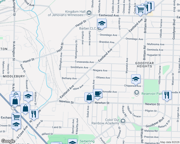 map of restaurants, bars, coffee shops, grocery stores, and more near 1184 Niagara Avenue in Akron